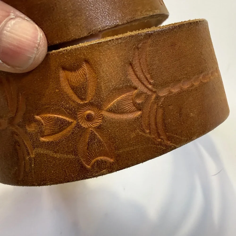 Vintage Tooled Leather Belt Strap Brown Floral Palm Tree Snap On 1.75 Inch Sz